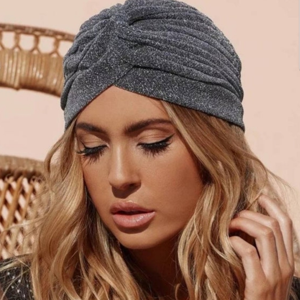 Silver Shimmer Holiday Turban Headwrap Metallic Sparkle Statement Hat